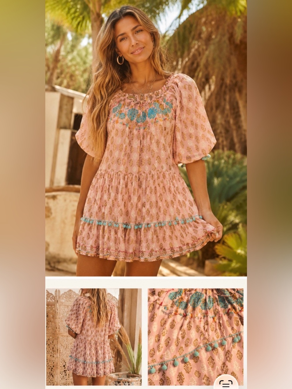 MISS JUNE BOHO louise pink gold puff sleeve smocked floral mini dress one size